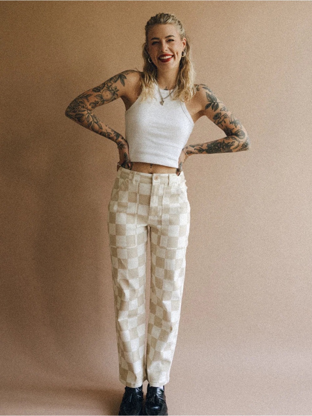 Women’s Checkered High-Waist Trousers - Stone Checkerboard